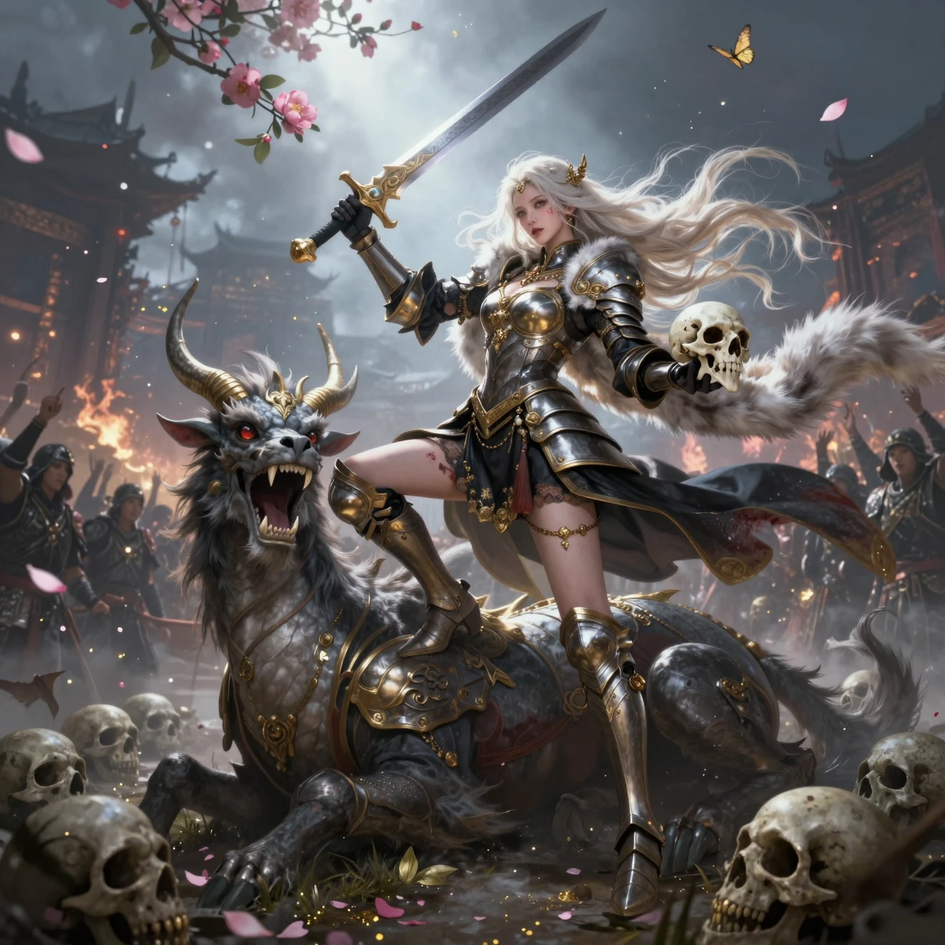 Triumphant Chinese woman knight with qilin on battlefield