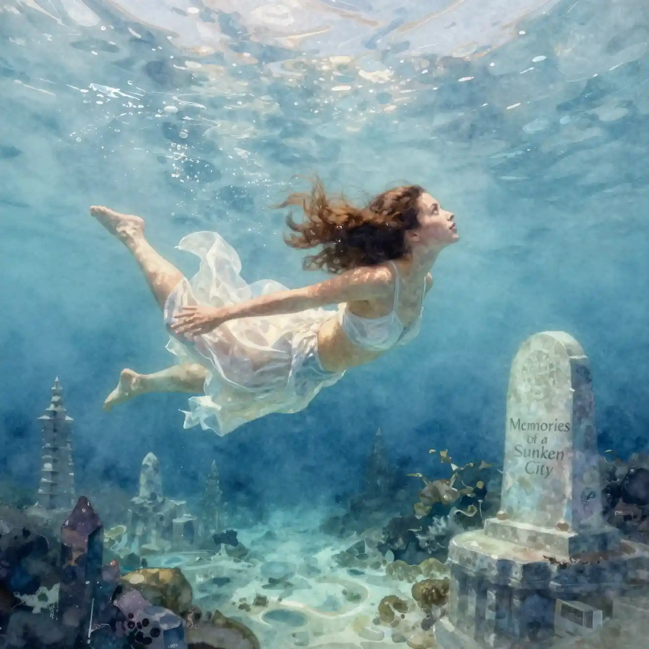 Young woman swimming through a serene underwater city
