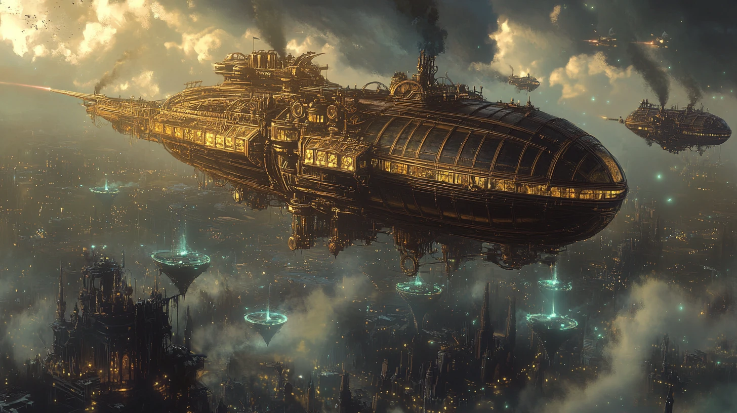 Gigantesco dirigível steampunk entre ilhas flutuantes e criaturas