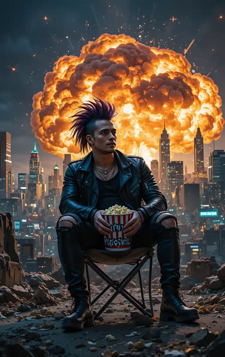 Punk che si rilassa con i popcorn davanti all’esplosione della città