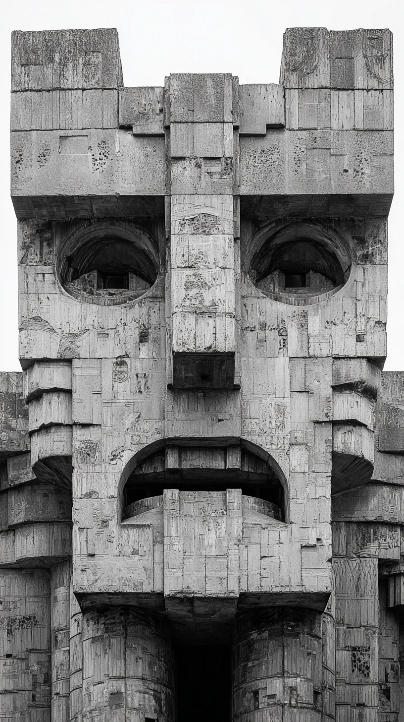 Monumental brutalist concrete face facade in black and white