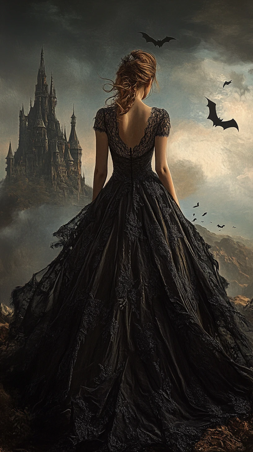 Femme mystique de fantasy devant un château menaçant au crépuscule