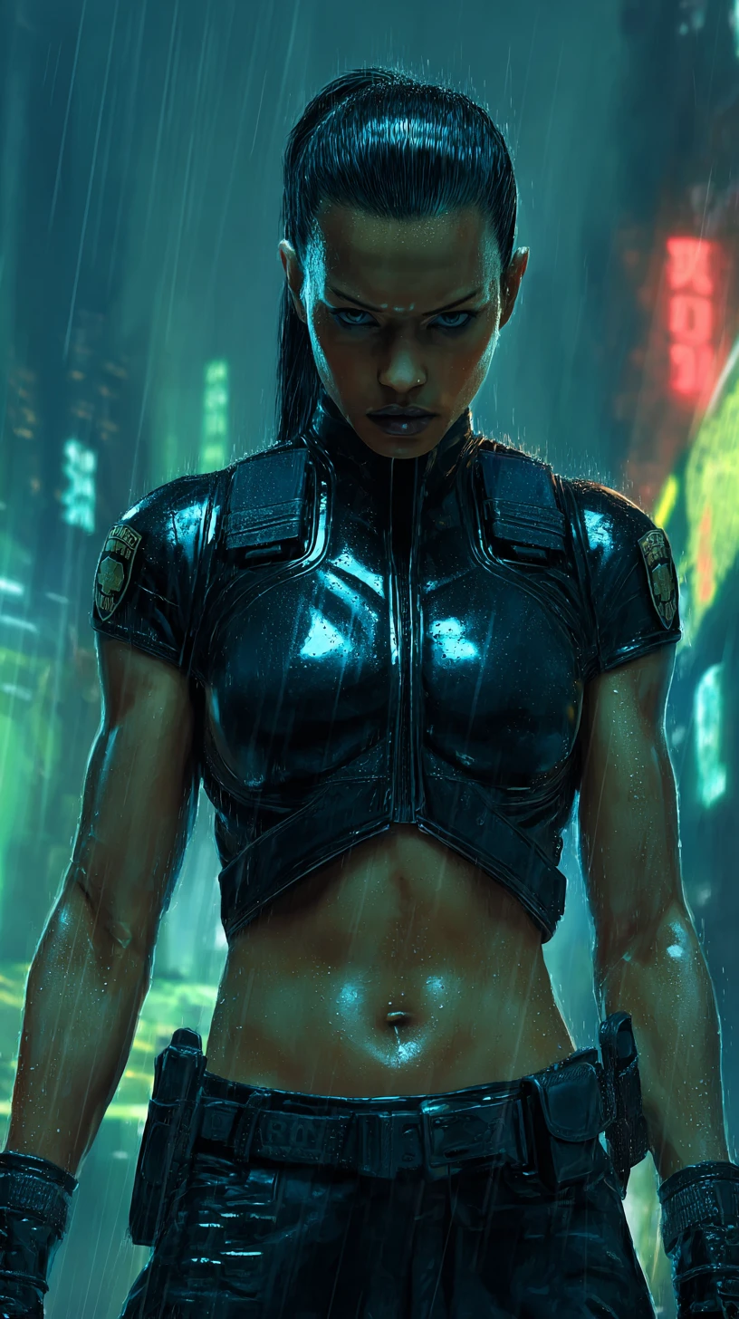 Muscular Cyberpunk Police Woman In Neon Rainy Street
