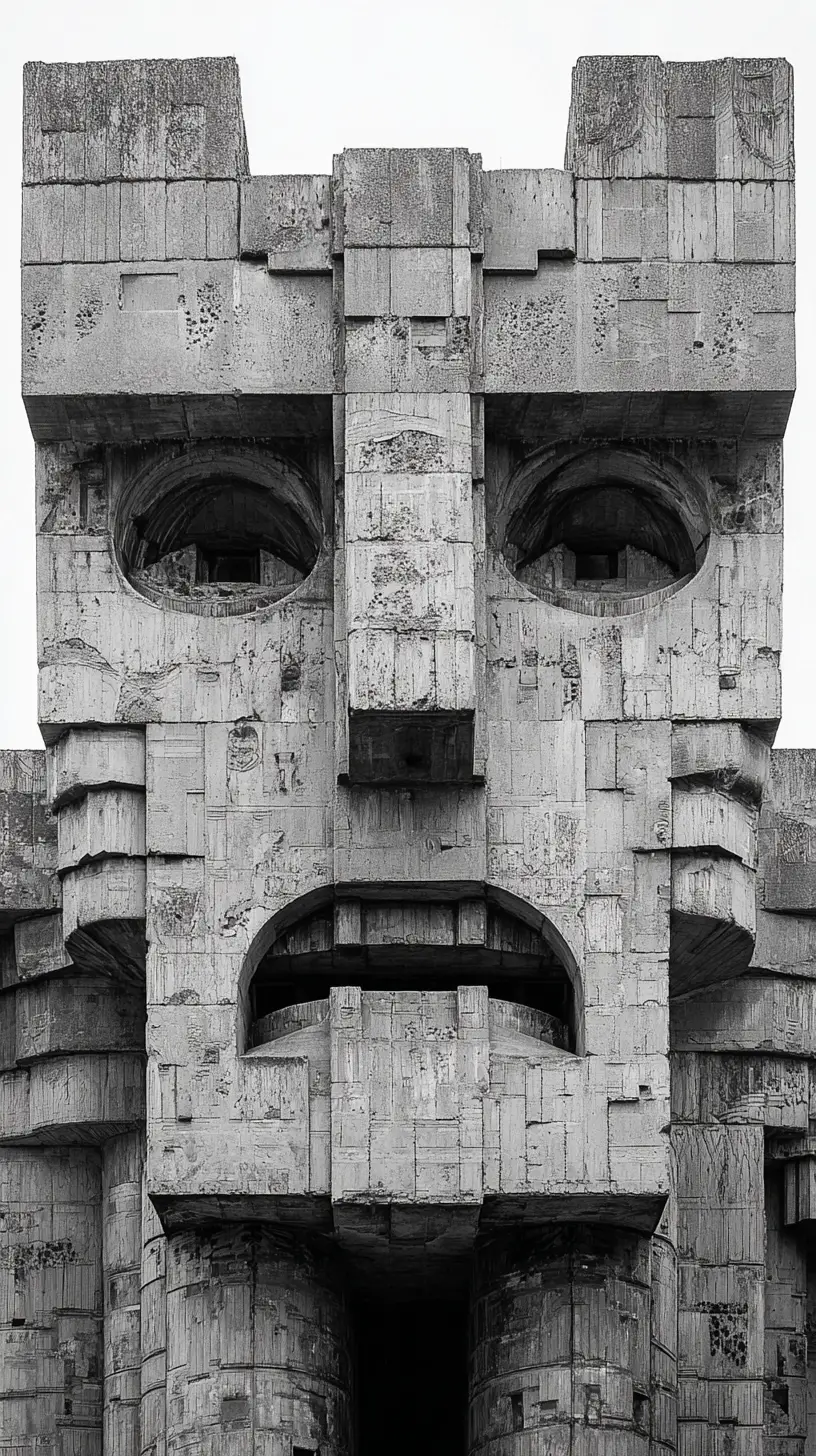 Monumental brutalist concrete face facade in black and white