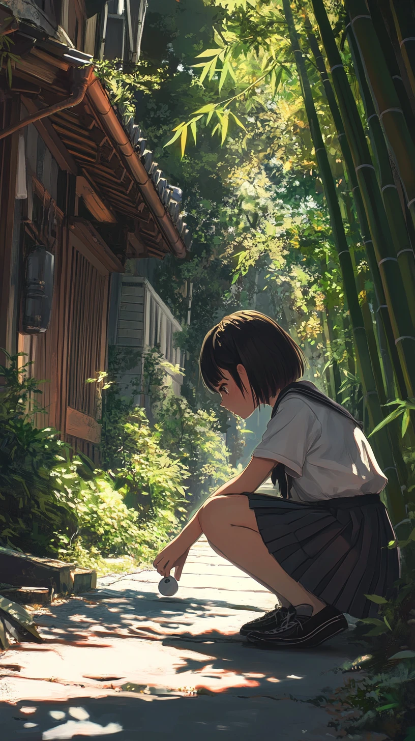 Anime schoolgirl in bamboo path beside traditional building