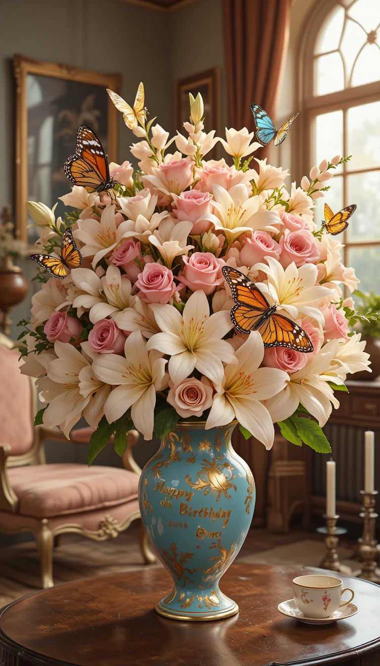 Eleganter Geburtstags-Blumenstrauß mit Schmetterlingen in einer Vase