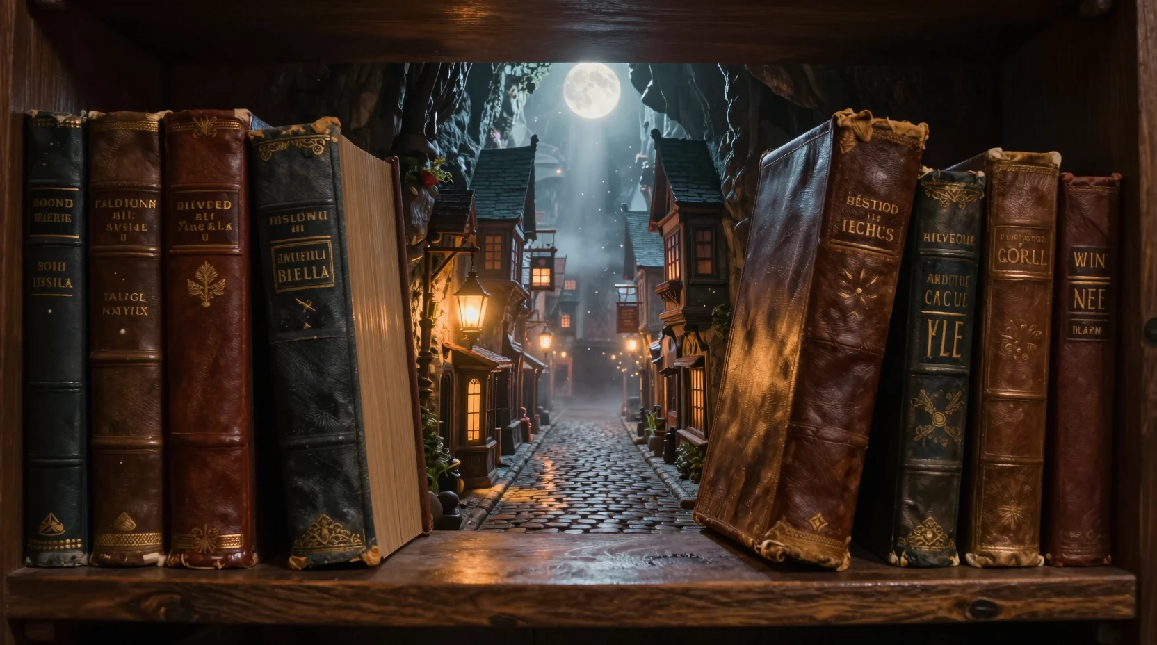Stradina fantasy in miniatura nascosta tra imponenti libri di biblioteca