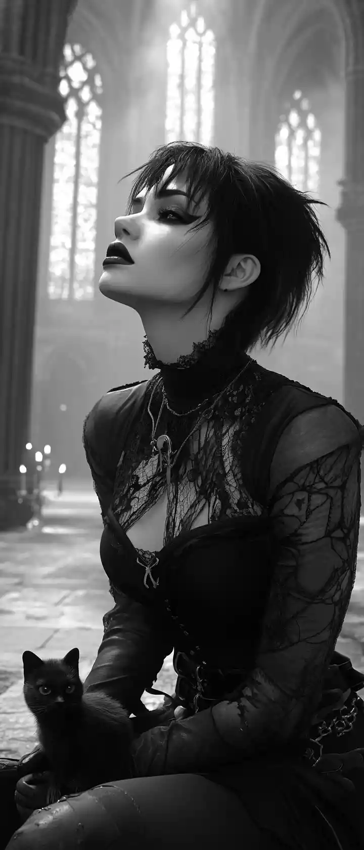 Gothic woman with kitten in a candlelit church nave