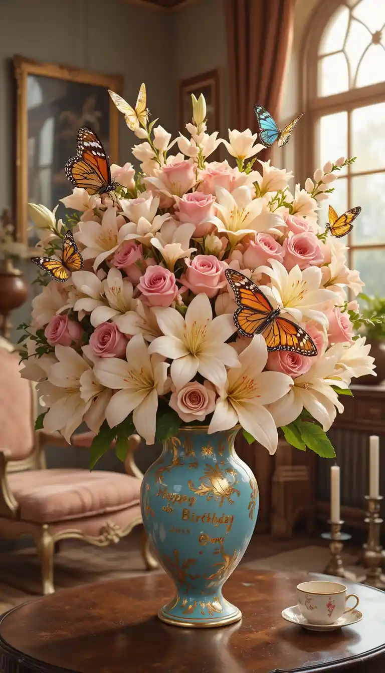 Eleganter Geburtstags-Blumenstrauß mit Schmetterlingen in einer Vase