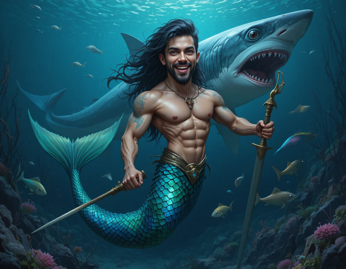 Muscular merman warrior with weapon in deep blue ocean