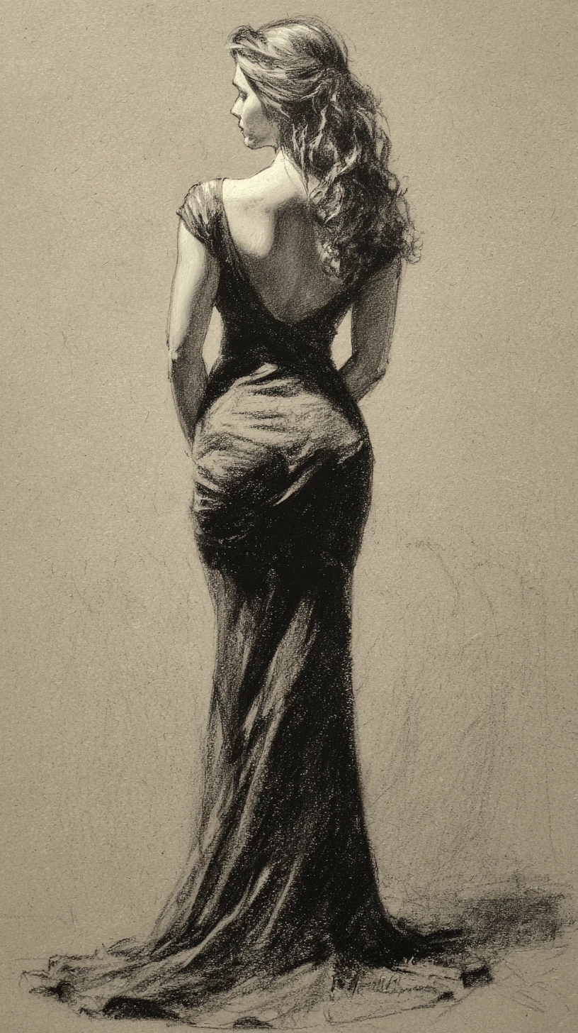 Studio a carboncino di una donna in elegante vista posteriore a figura intera