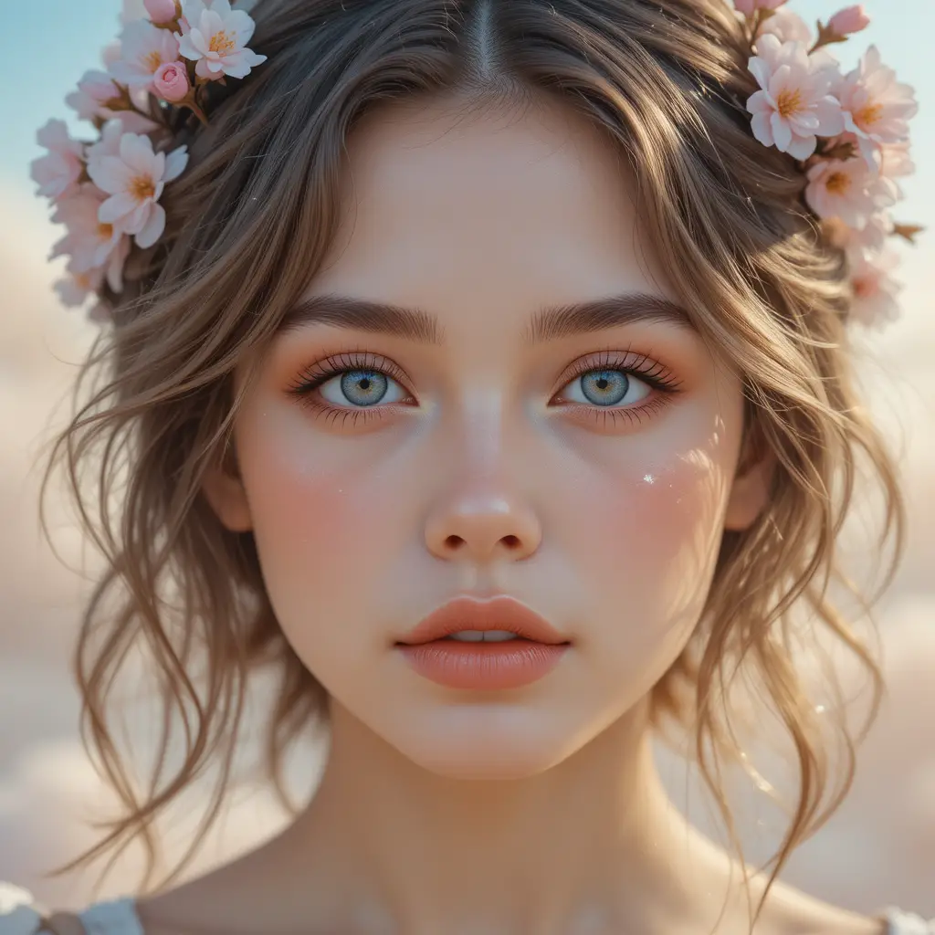 Portrait onirique en gros plan d'une fille avec des fleurs de cerisier