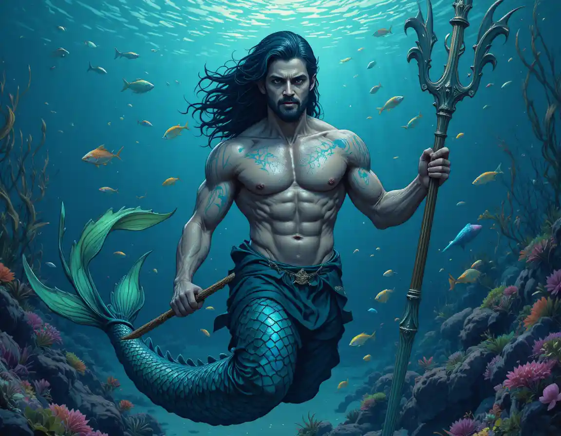 Muscular merman warrior with spear in deep blue ocean