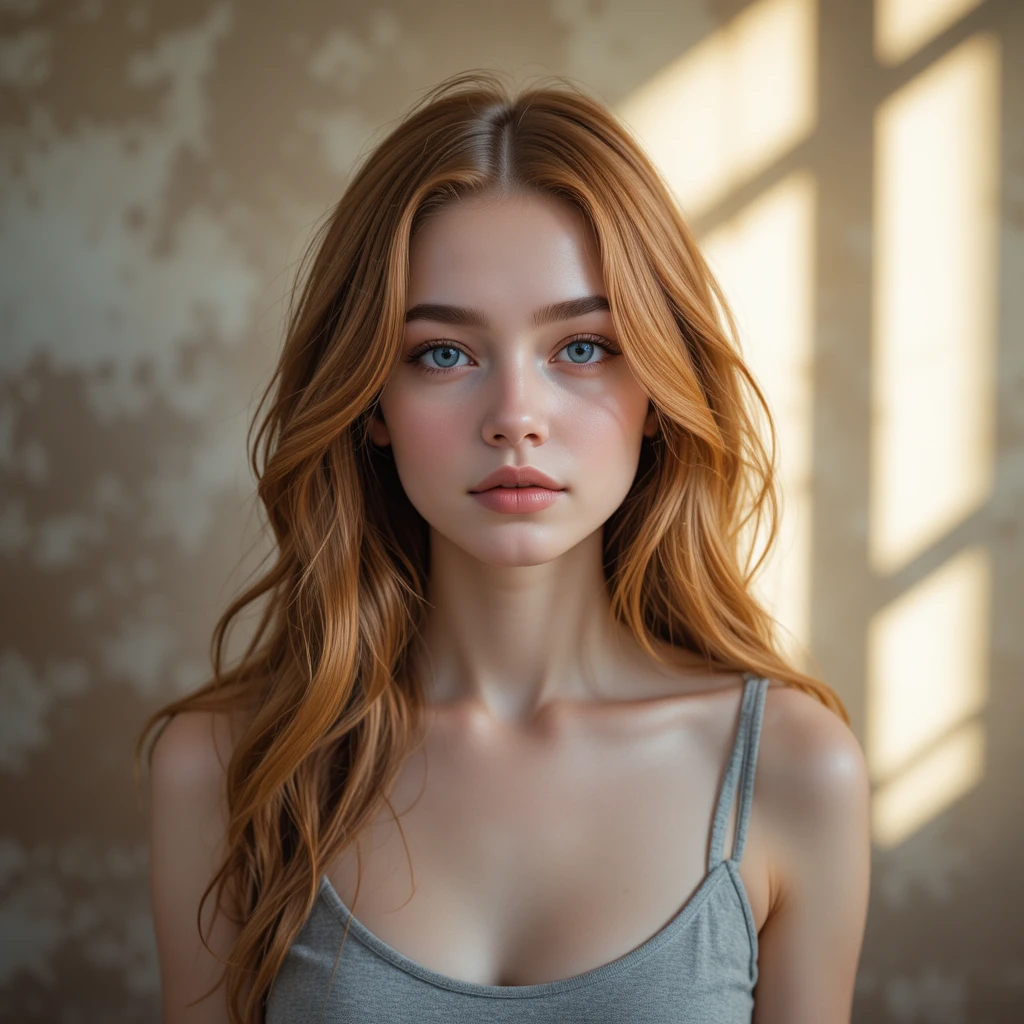 Serene young woman portrait in soft warm indoor light