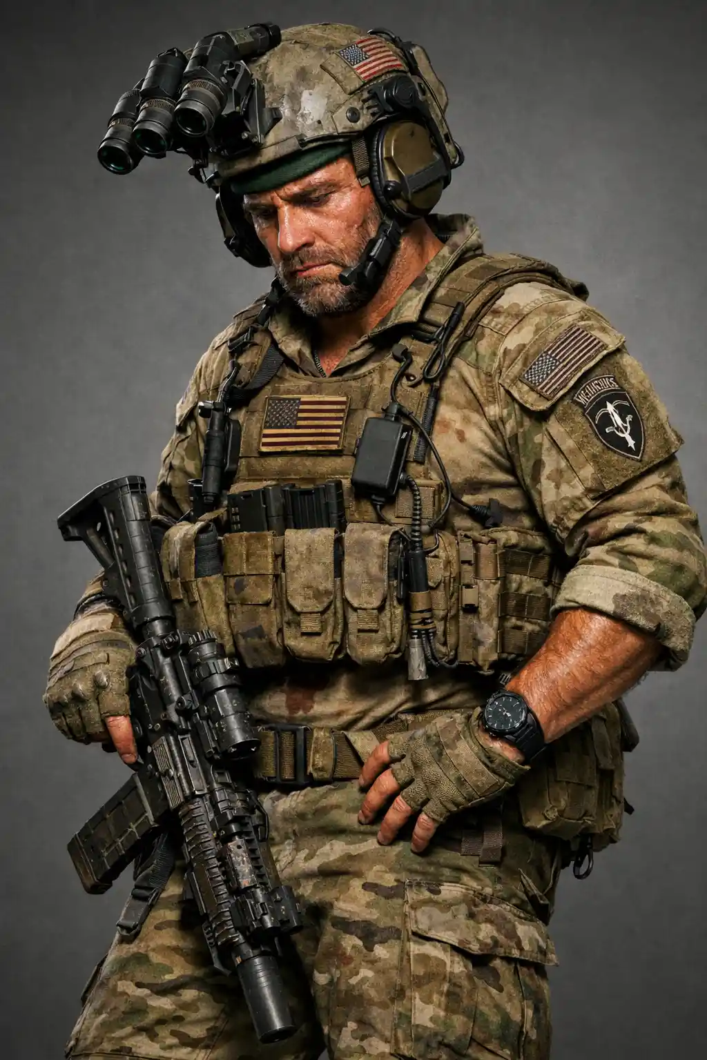 Render 3D a figura intera di un soldato stanco dell’esercito USA