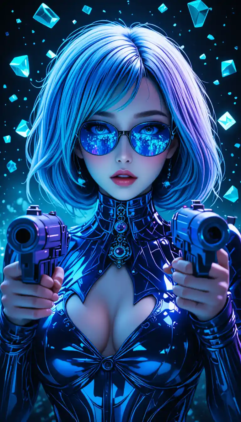 Donna cyberpunk con cristalli fluttuanti nel vuoto cosmico