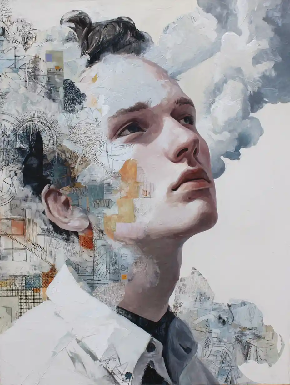 Surreal close up portrait blending reality and inner emotions