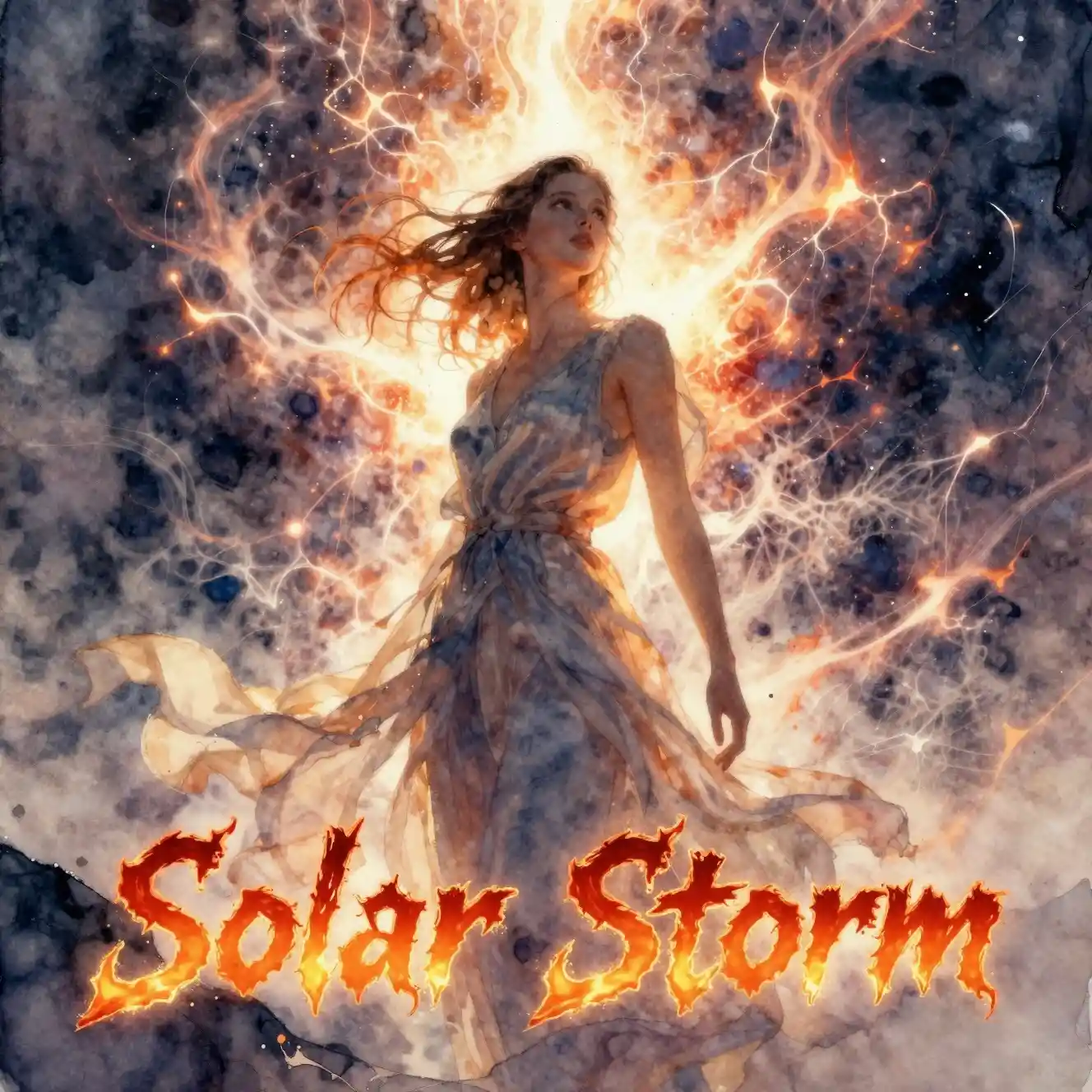 Jovem em silhueta diante de uma tempestade solar furiosa em aquarela