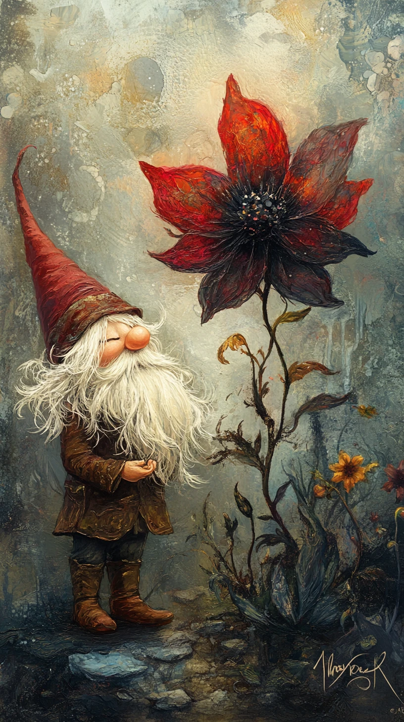 Gnome féerique près d’une fleur mystique dans une douce lumière brumeuse