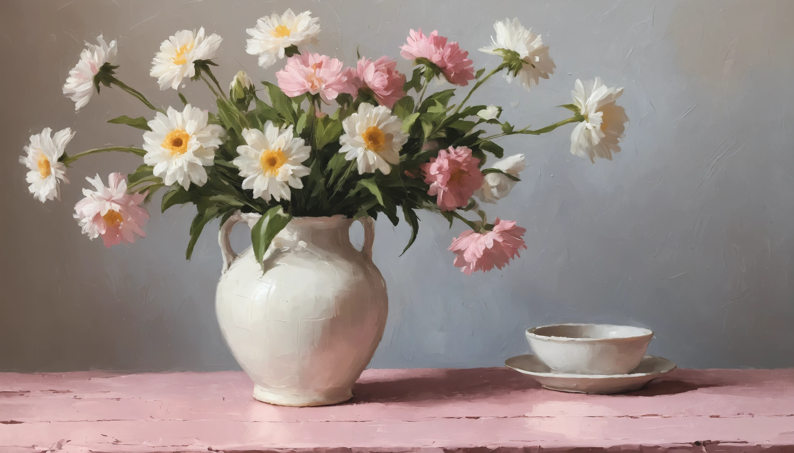 Peinture à l’huile impressionniste d’un vase de fleurs sur table rose