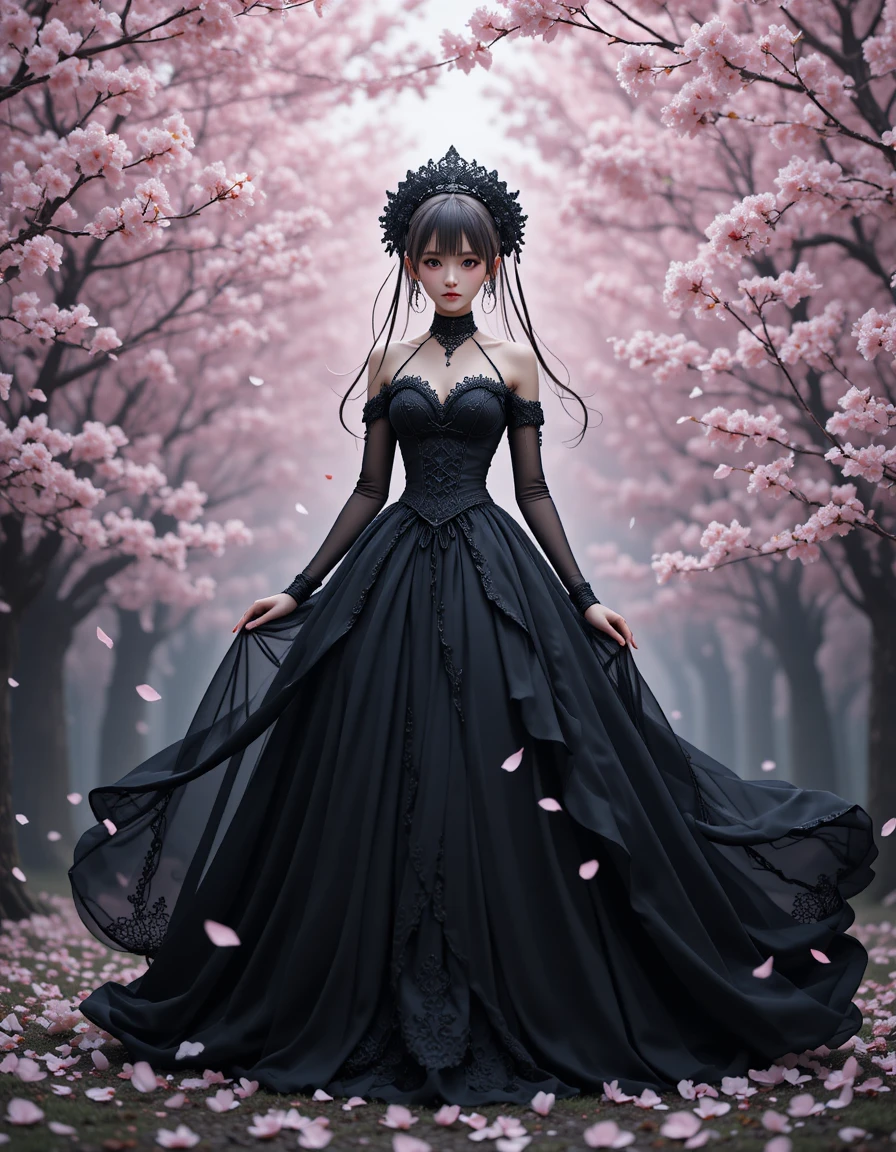 Gotische Anime-Braut in Schwarz zwischen fallenden Kirschblüten