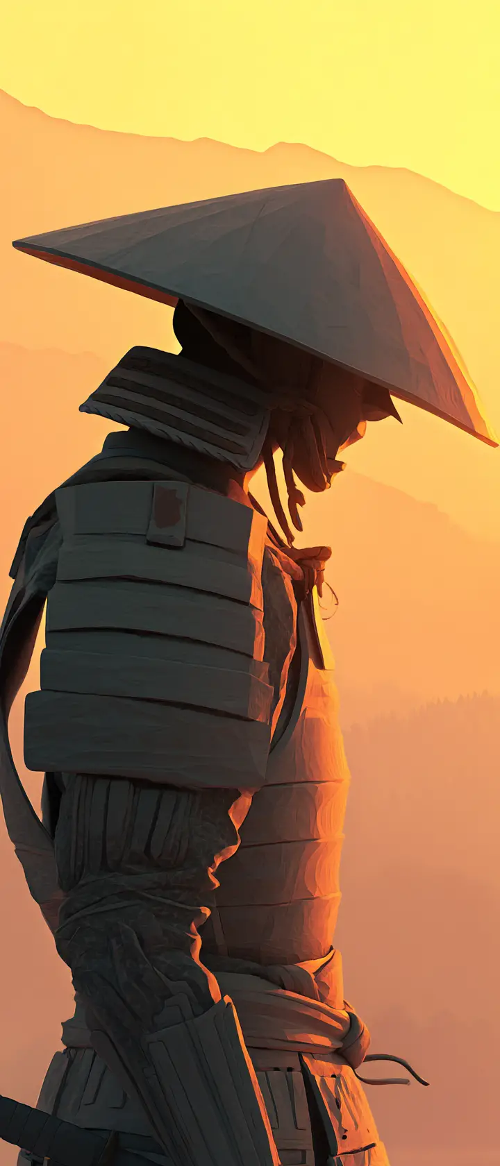 Samurai im meditierenden Profil bei Morgendämmerung im Anime-Stil