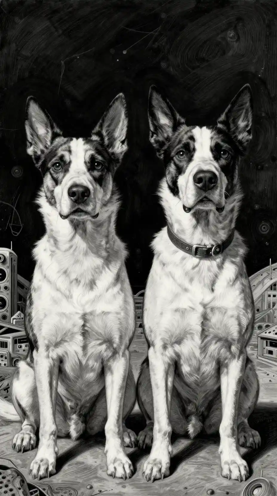 Deux chiens contrastés dans une illustration panoramique de science‑fiction