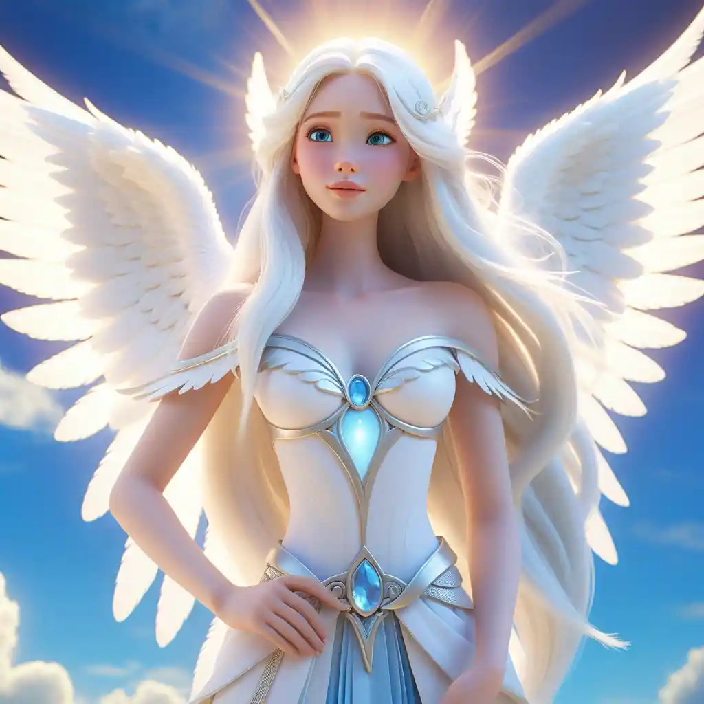 Mulher angelical com asas brancas em um céu celestial radiante