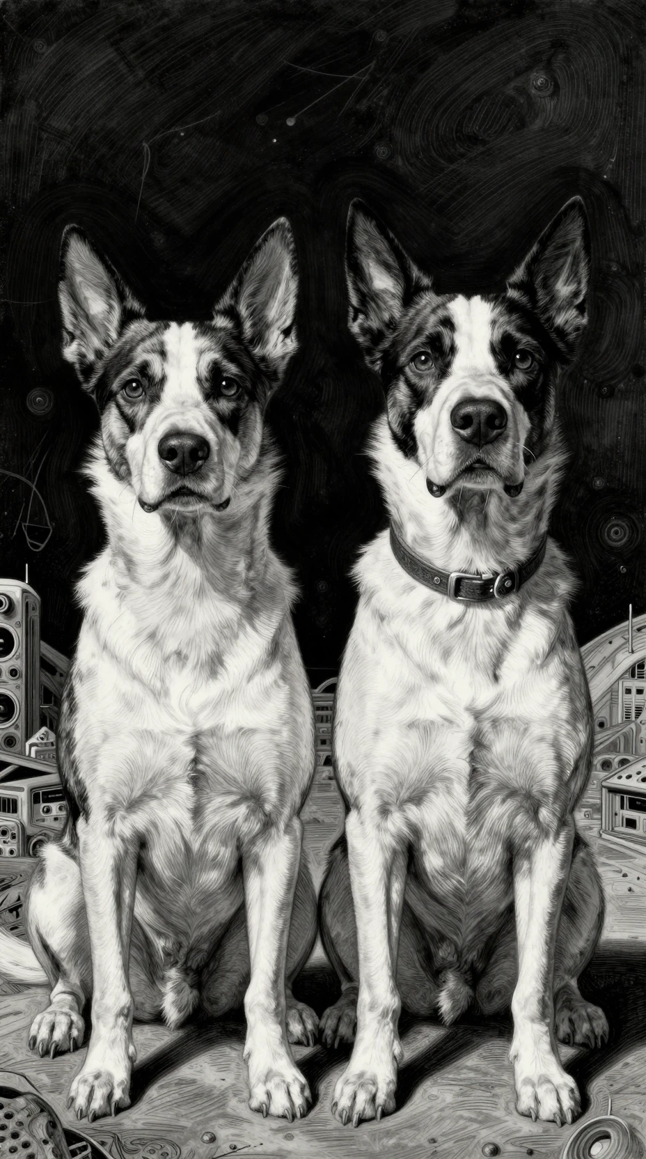 Dois cães contrastantes em uma ilustração panorâmica de ficção científica