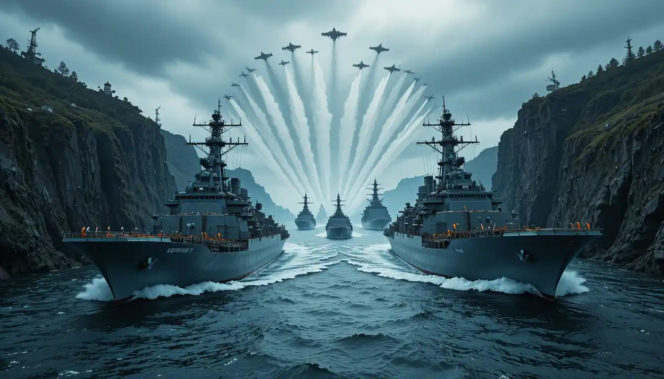Massive oil tankers leading a warship convoy at sea
