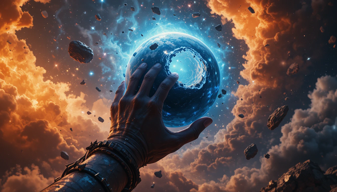 Kosmische Hand, die einen zerbrochenen Planeten in leuchtenden Nebelwolken greift