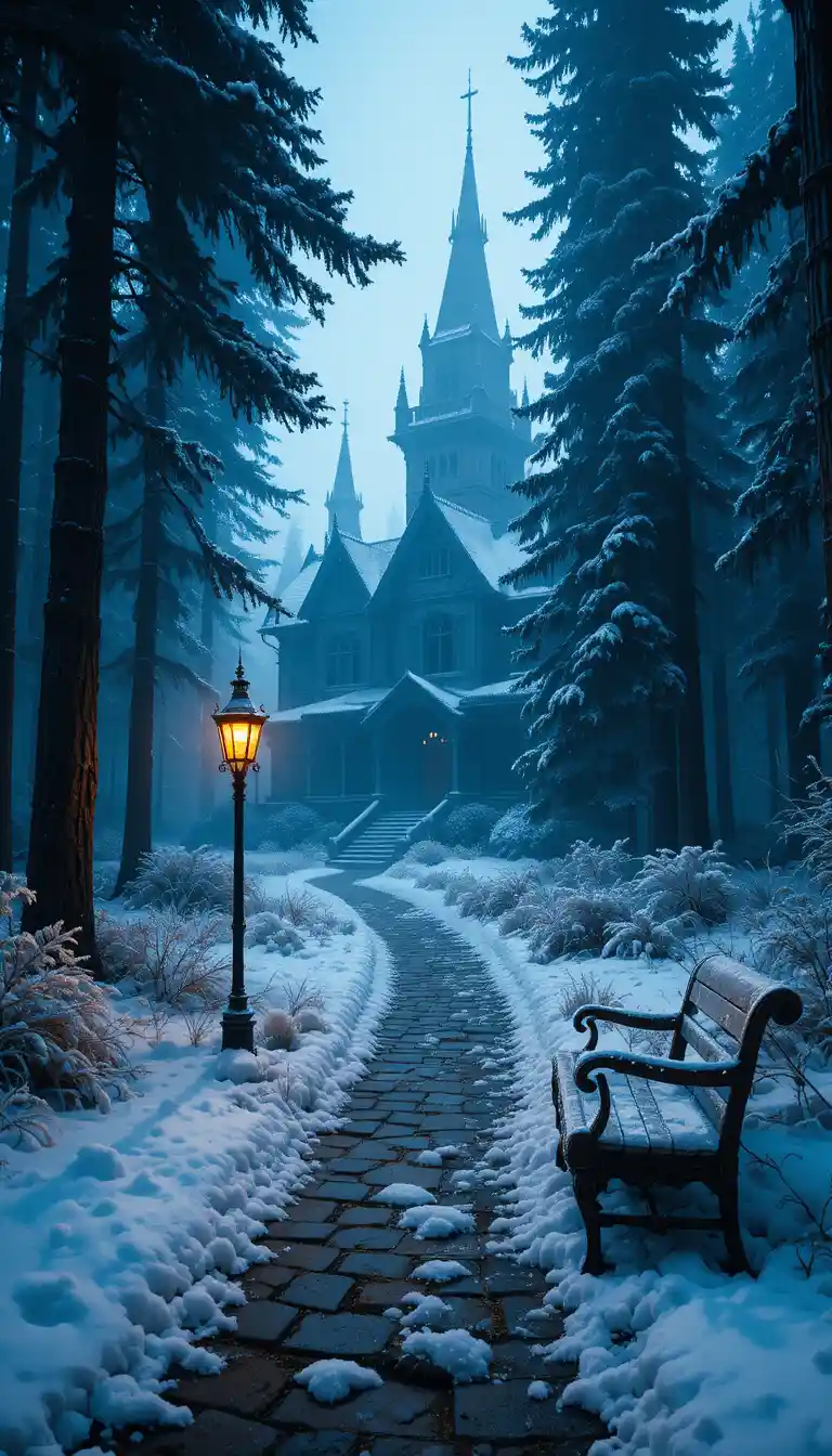 Mansión victoriana emergiendo de la niebla en un bosque nevado