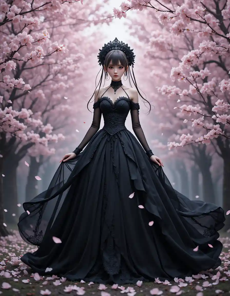 Gotische Anime-Braut in Schwarz zwischen fallenden Kirschblüten