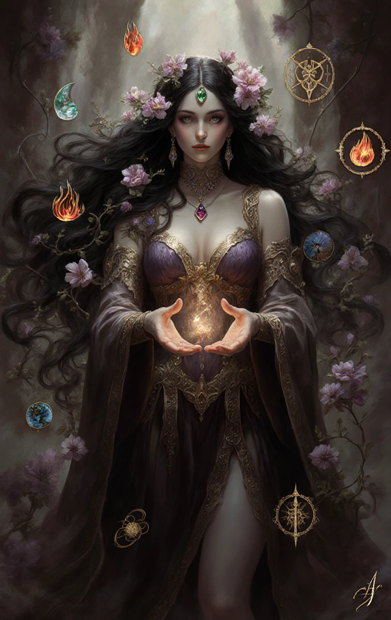 Elegant sorceress casting elemental magic in ornate baroque robes