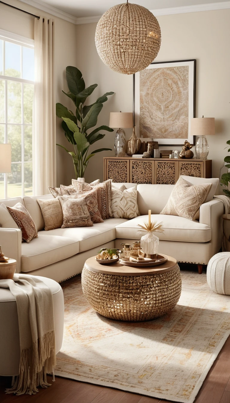 Soggiorno boho con dettagli decorativi beige cremoso