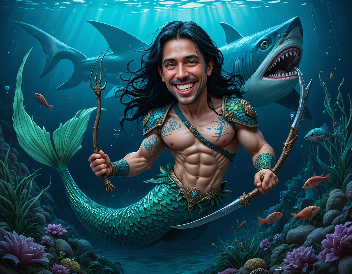 Armored merman warrior with weapons in a deep ocean scene