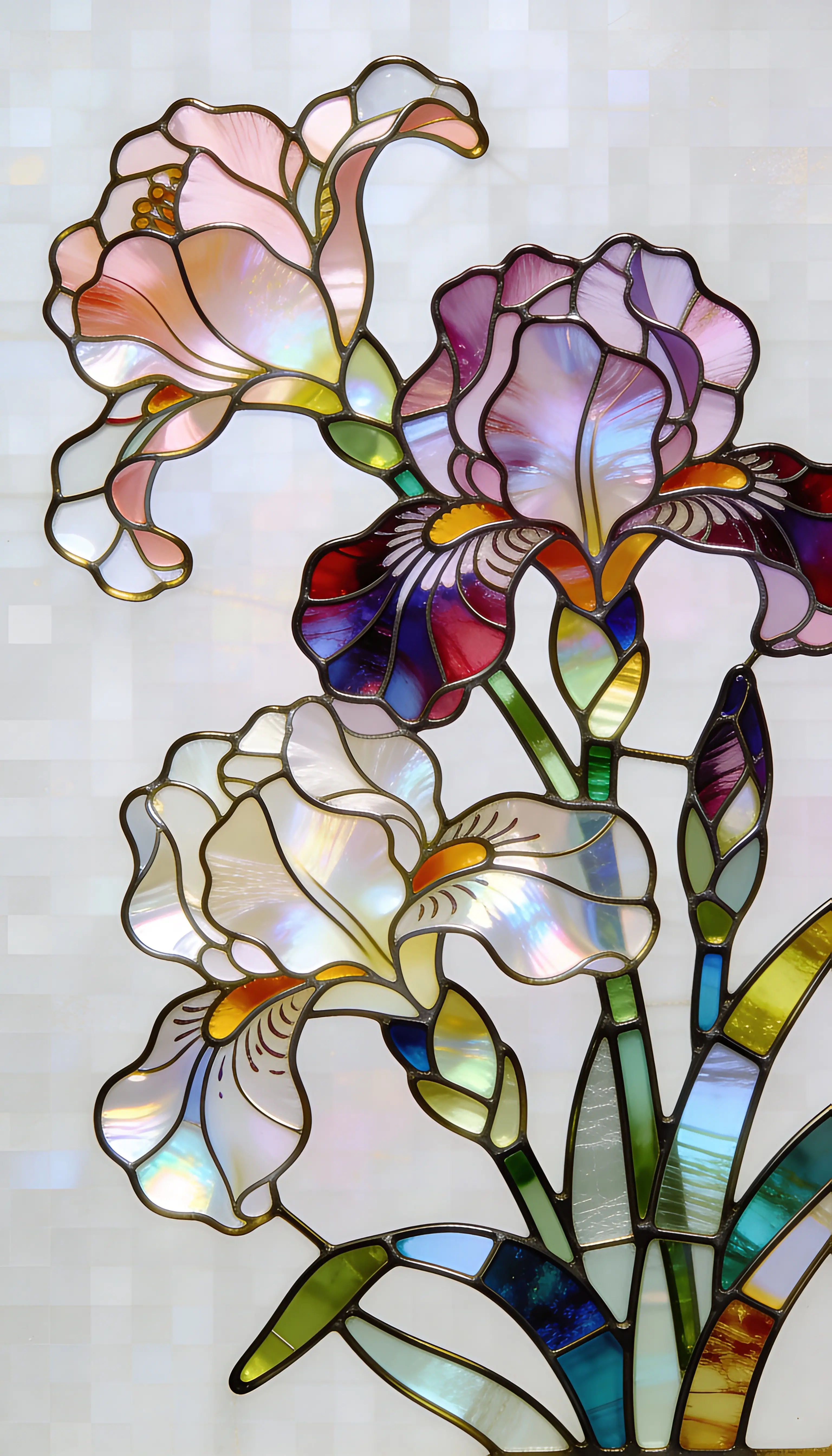 Filigranes Blumenmuster aus Buntglas mit leuchtenden Farben