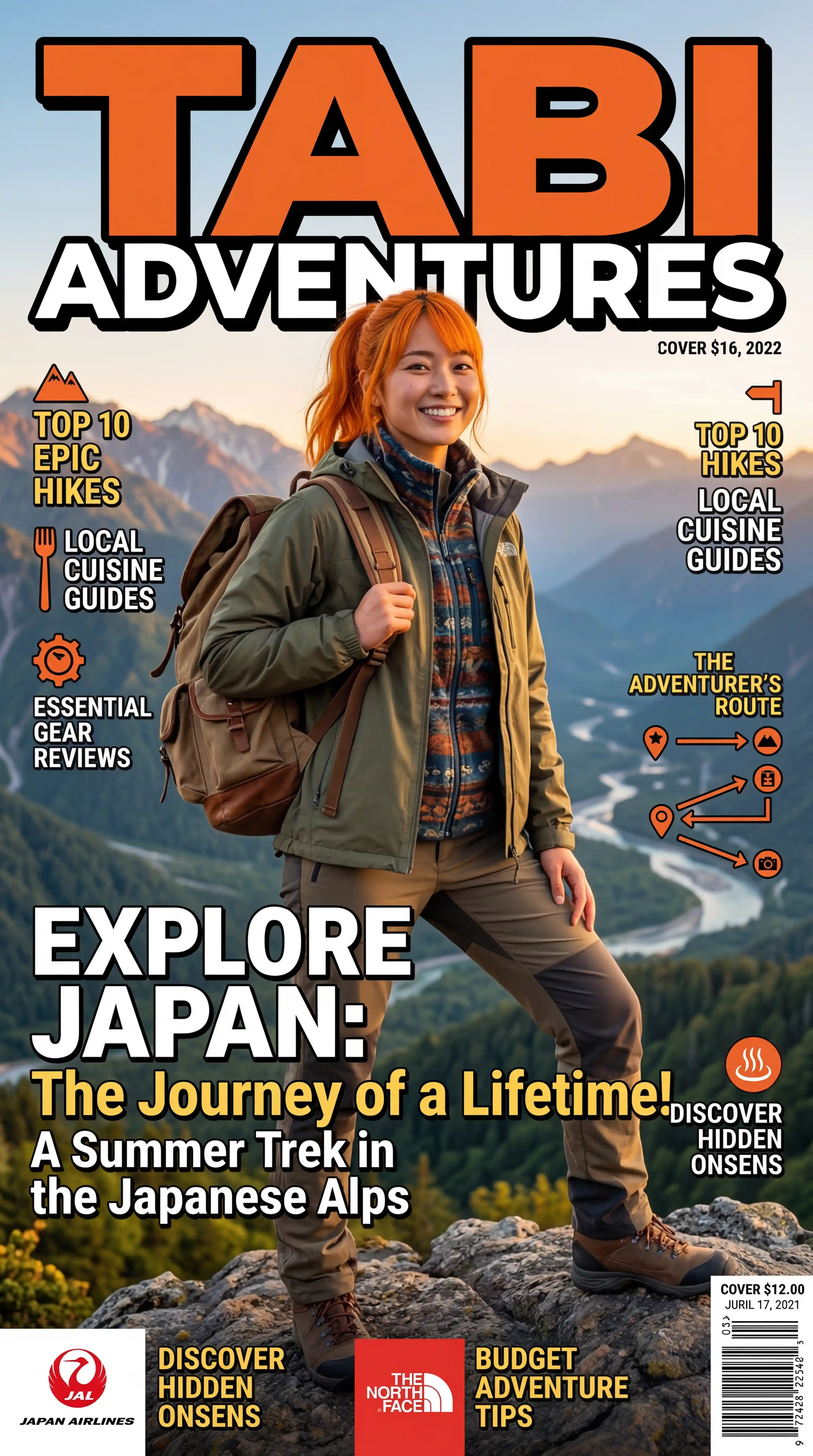 Chica viajera japonesa en colorida portada de revista
