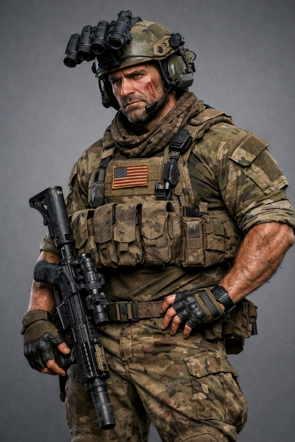 Render 3D de corpo inteiro de um soldado cansado do exército dos EUA