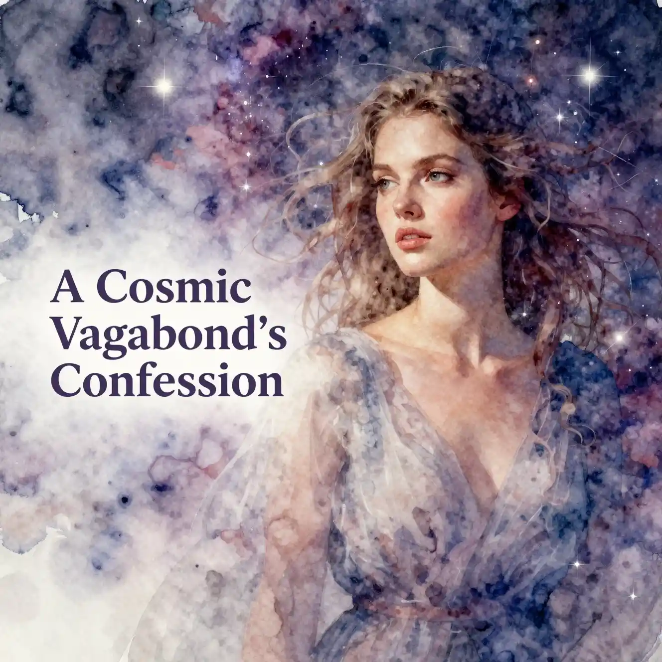 Serene young woman in watercolor against glowing cosmic stars