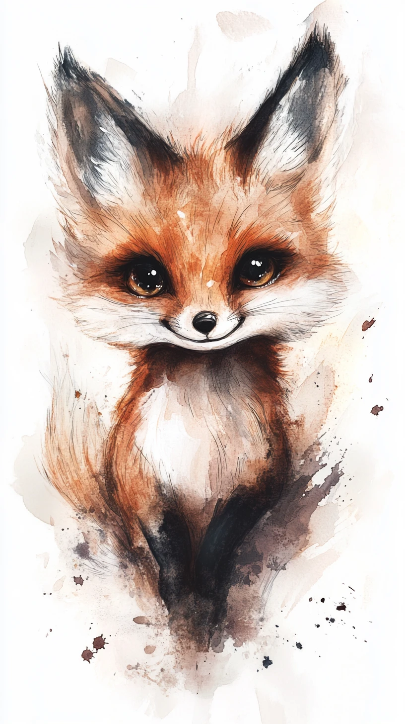 Traumhafte Aquarell-Nahaufnahme eines winzigen lächelnden Fuchses