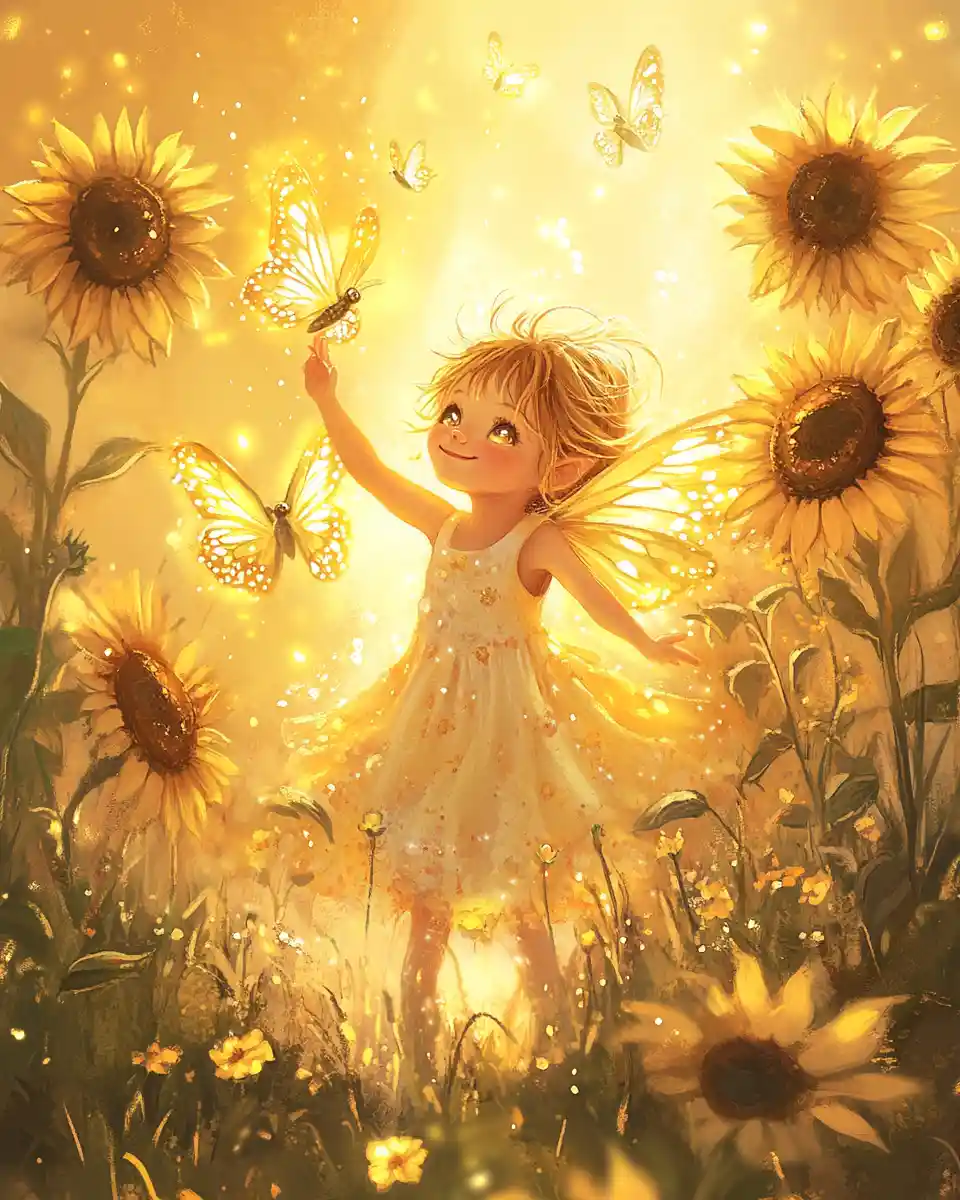 Summer fairy child reaching for glowing butterflies