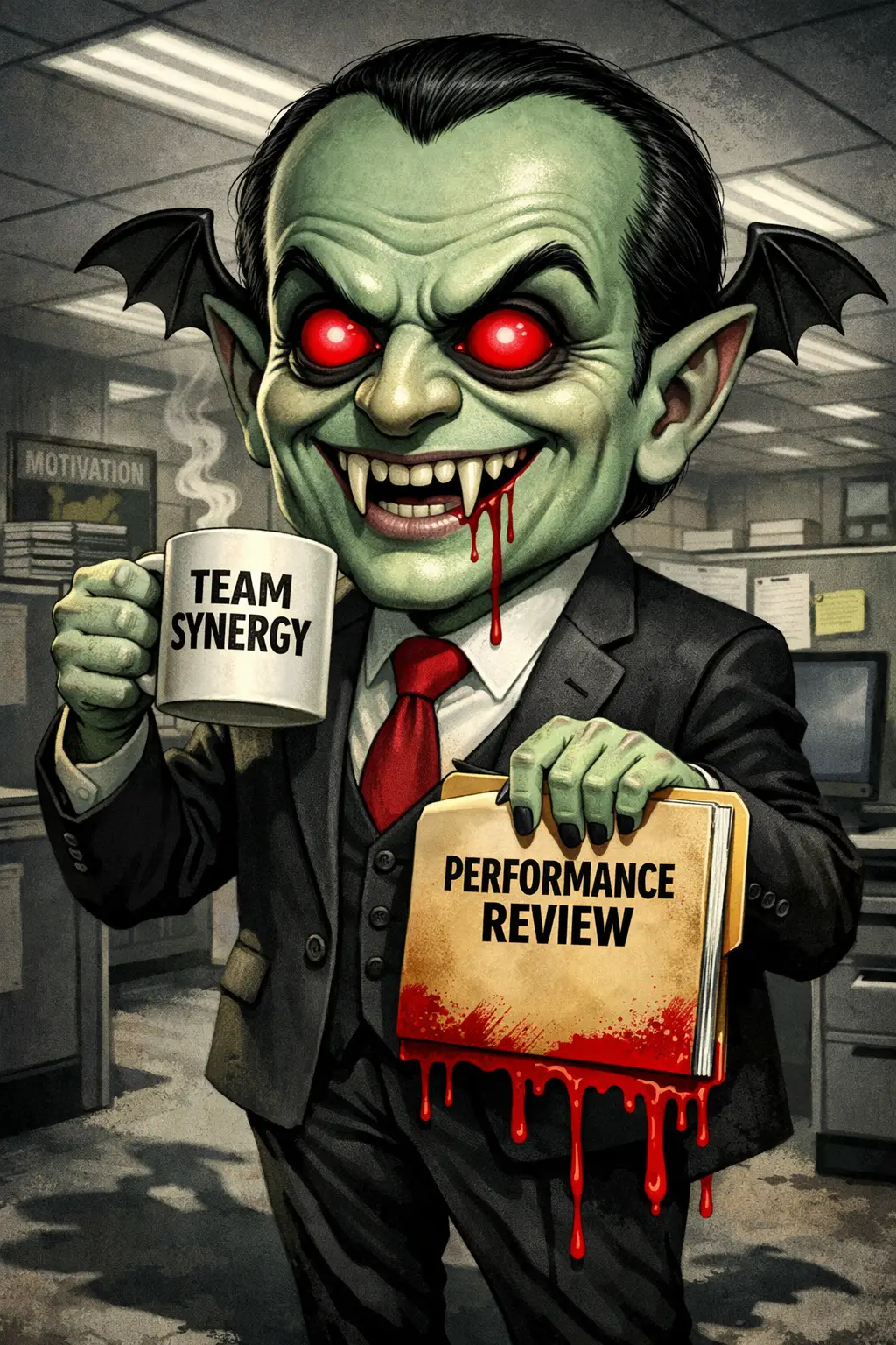 Vampiro middle manager in un cupo ufficio di cubicles