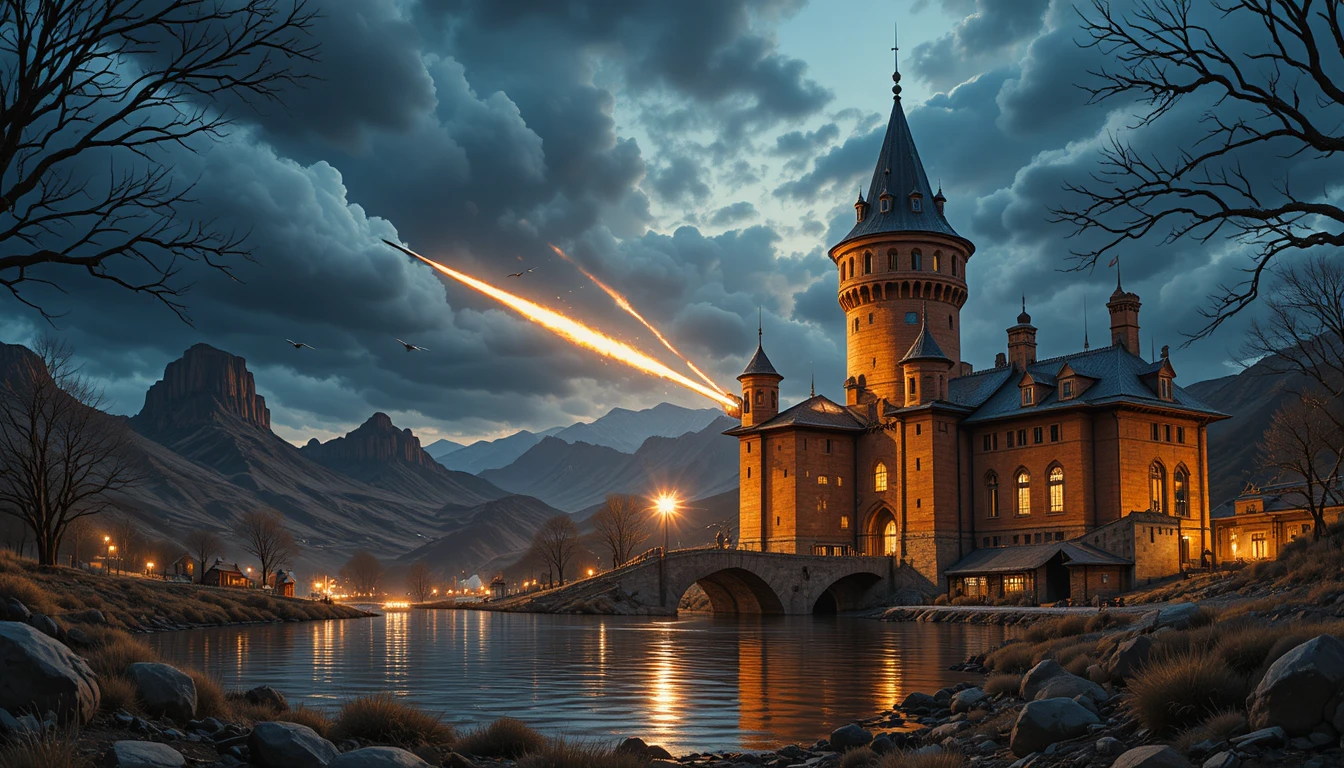 Night rocket barrage over a tense desert battlefield