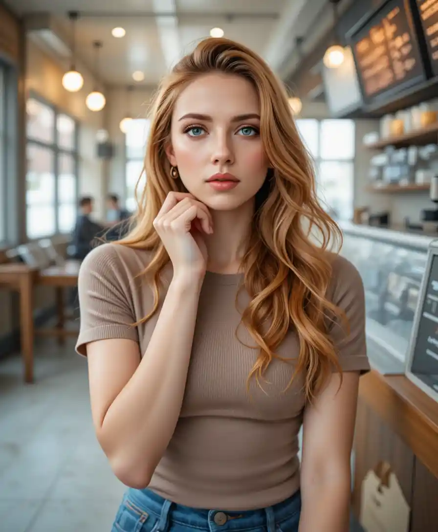 Redhead woman posing in a modern coffee shop portrait