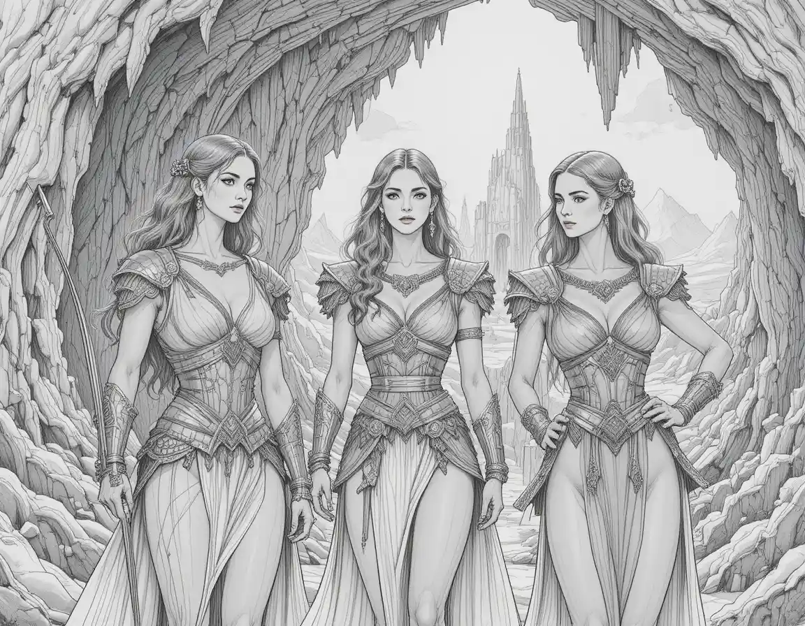 Three golden armored warrior women in a sunlit cave