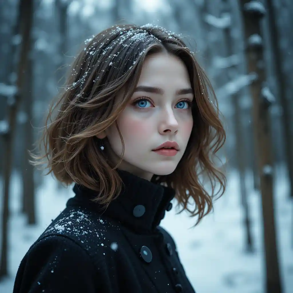 Giovane donna sotto la neve in una silenziosa foresta invernale
