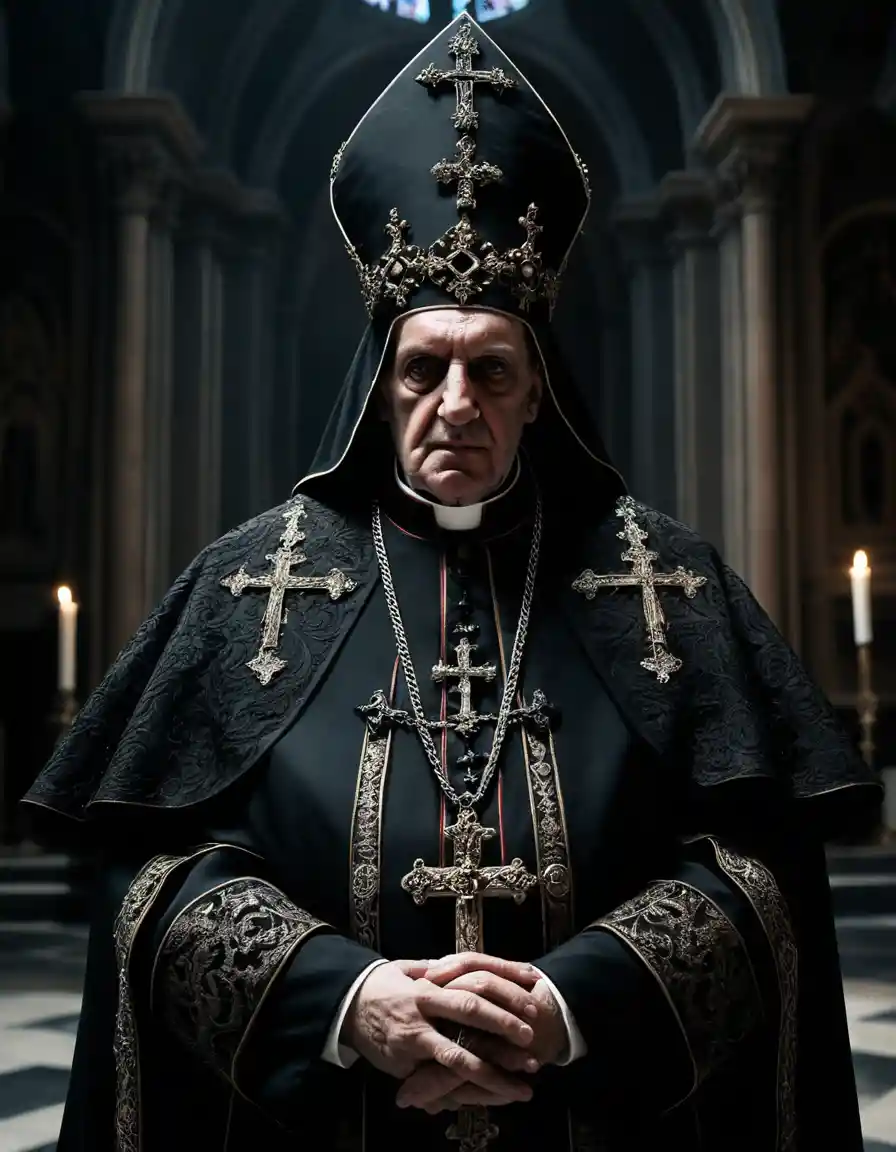 Figura di papa oscuro in paramenti ortodossi neri con croci rovesciate