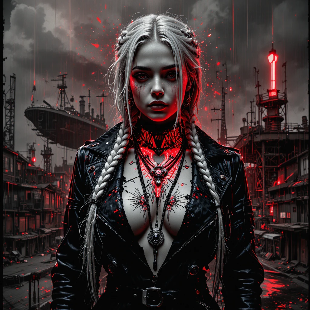 Cyberpunk woman with glitch tattoos in dystopian city