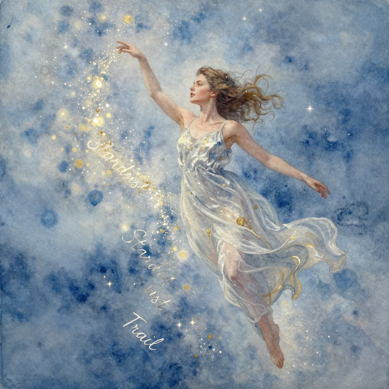 Ragazza ad acquerello che fluttua lungo un sentiero di polvere di stelle brillante